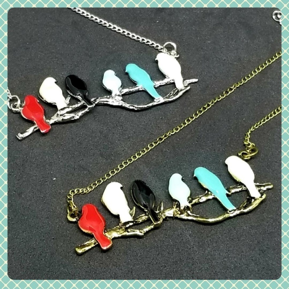 Enameled Birds on a Branch Necklaces